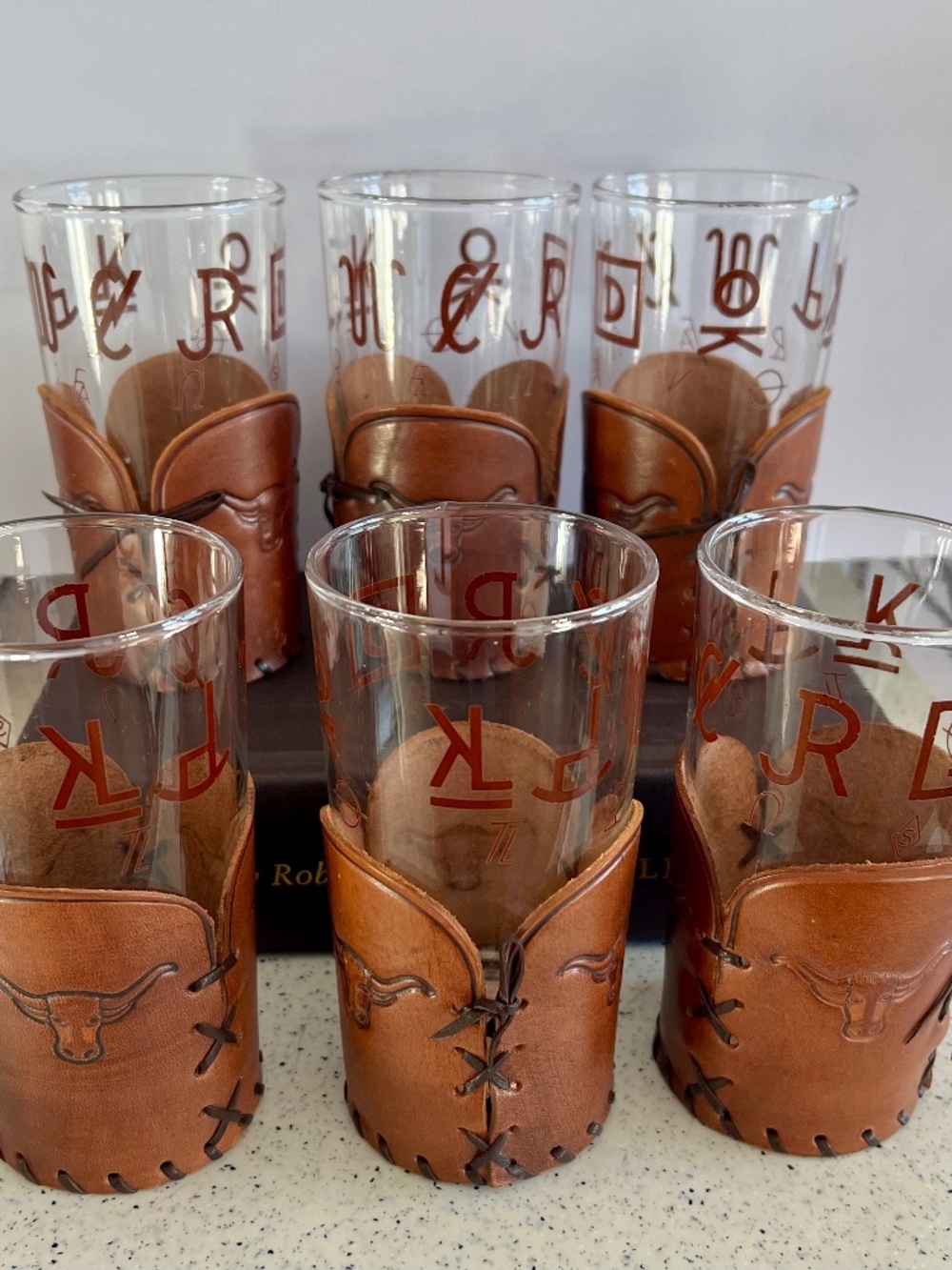 Set 6 ML Leddy Vintage Drinking Glasses Cowboy Western Tooled Leather Holders